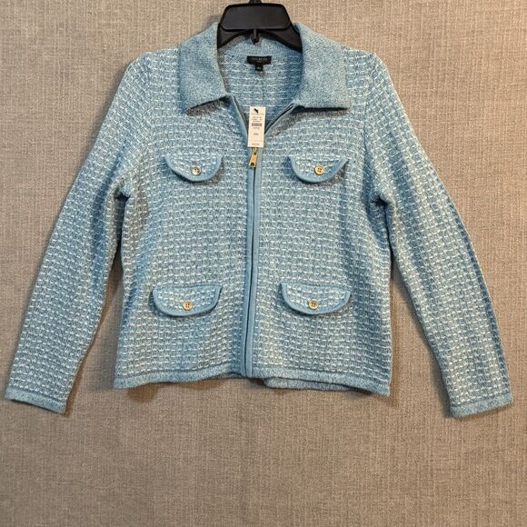 Talbots Jackets & Blazers - Talbots Petite Blue White Tweed Knit Front Zip Jacket Collard Cardigan Style NWT